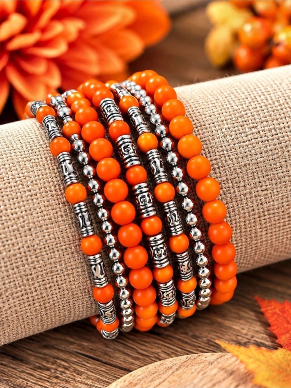 Paparazzi Orange & Silver Beaded Bracelet Stack